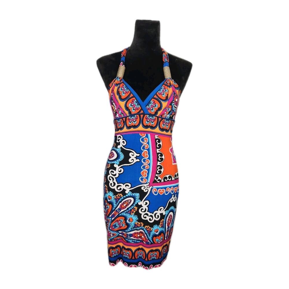 Vtg Cache Colorful Embellished Halter Mini Dress Open Back Sleeveless Sz 0